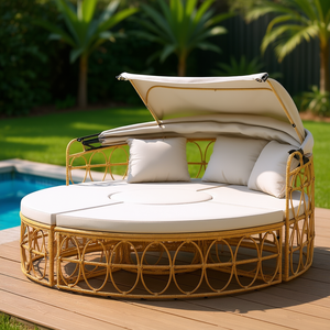 Canapé d'extérieur avec auvent rétractable, en rotin PE tressé creux, avec coussins, pour piscine, pelouse, patio, ensemble de meubles - Product Image 2