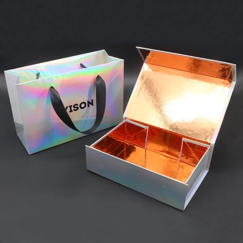 Kotak kemasan hadiah holografik rias wajah kertas kaku kustom Glitter magnetik holografik Caixas De Embalagem pelangi mawar