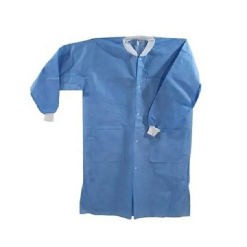 फैक्टरी कस्टम डिस्पोजेबल लैब कोट मेडिकल एसएमएस गैर बुना लैब कोट/गाउन सफेद/नीले रंग के साथ