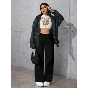 Jeans Negros Casuales de Pierna Ancha, Tela Elástica Suave, Ecológicos, de Cintura Alta, Corte Holgado, Estilo Urbano Moderno, Duraderos, en Varios Tamaños - Product Image 4