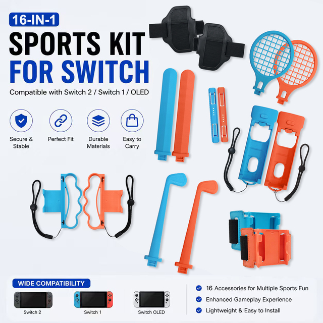 16 in 1 Sports Kit Accessories Golf Racing Wheel Grips Game Controller for Universal for Switch 2/Switch 1 Gaming Accessories