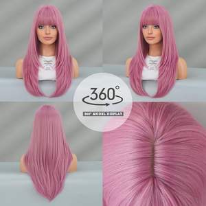 <span class=keywords><strong>Perruque</strong></span> longue et droite rose avec frange pour <span class=keywords><strong>femme</strong></span>, 26 pouces, rose néon, résistante à la chaleur, superposée, sexy, colorée, rose doré, pour cosplay - Product Image 4