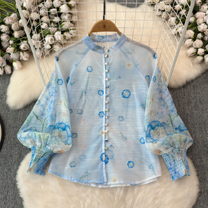 LE4378 rok berdiri gaya Vintage Perancis, kemeja kerah berdiri mode 2 potong Set wanita musim gugur baru bermotif Set dua potong - Product Image 3