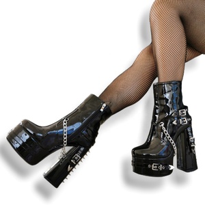 Big Size 47 Women's Metal Chain Side Zipper Ankle <b>Boots</b> Wide Fit High Chunky Heels Shoes Back Rivets Patent Short Booties - Product Image 6
