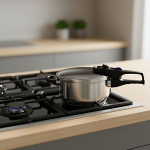 Olla a presión Elo Praktika Plus XL de acero inoxidable con mango y tapa negros para una cocción rápida - Product Image 3