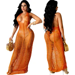 फैशन सेक्सी मेष peplum पोशाक नारंगी गहरी वी गर्दन लगाम गर्दन पोशाक vestido लोंगों समुद्र तट कपड़े महिलाओं के लिए