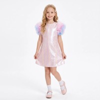 Ropa para Niñas, Vestidos de Verano, Boutique, Vestido de Fiesta para Bebés y Niñas Pequeñas, Color Rosa Iridiscente, Manga Abullonada con Plumas, Cuero Sintético, Venta al Por Mayor