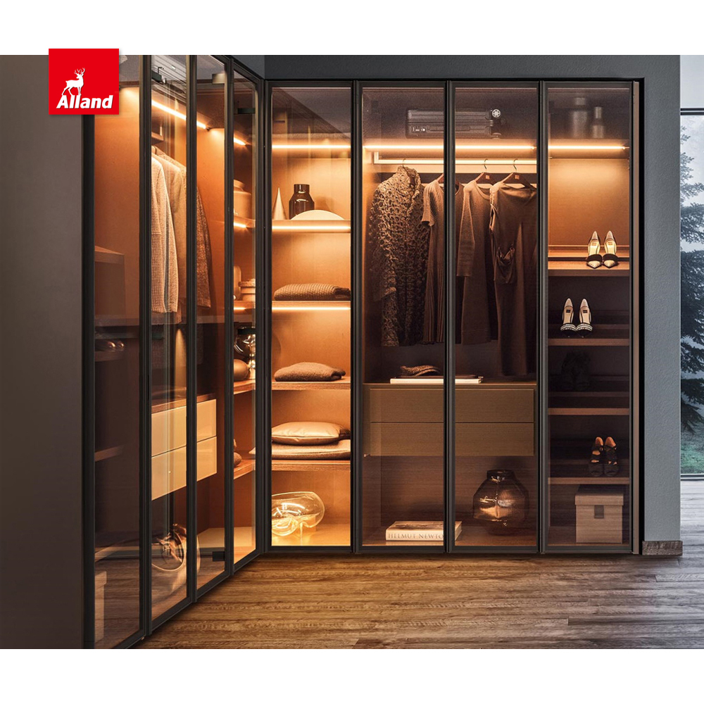 Alland Custom Luxury Modern L Shape Closet Escandinavo Built In Walk In Armarios con puerta de vidrio LED Light Suite Closet