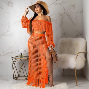 Ensemble 2 pièces décontracté et sexy pour femmes grandes tailles, haut épaules dénudées et robe longue jusqu'aux chevilles, cache-maillot de bain, tenue de plage - Product Image 6