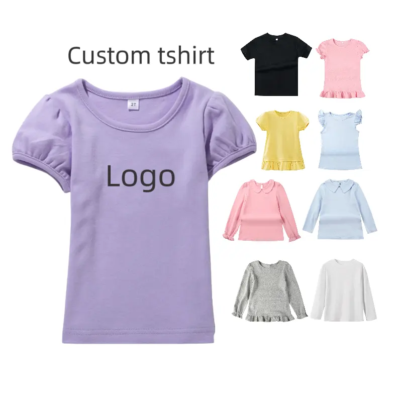 OEM service factory high quality 190gsm 240gsm combed cotton kids tshirt clothes girls puff sleeves toddler t-shirt print logo