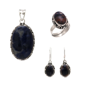 Vintage 925 Silver Jewelry Set Blue Sodalite Pendant Earrings Ring Women's Everyday Wear Bezel Setting Oval Shape - Product Image 1