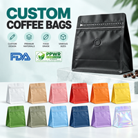 Sacs à café à fond plat imprimés sur mesure avec fermeture éclair et poignée, pochettes d'emballage blanches haute barrière pour grains de café torréfiés