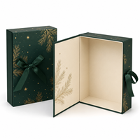 Boîte cadeau de luxe verticale style livre en carton rigide, papier texturé, pelliculage mat, impression feuille d'or avec nœud en ruban pour Noël