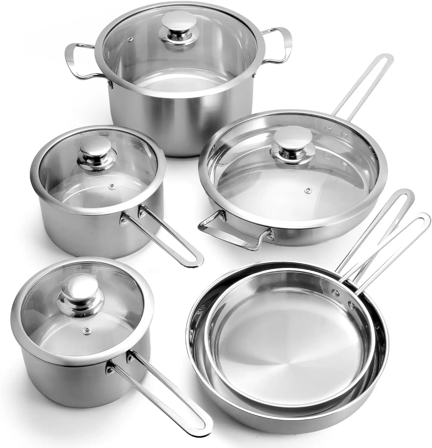 10PCS stainless steel Pots and Pans Set with handle Kitchen Cookware Induction Pots Sets with Glass Lids with All Stovetops
