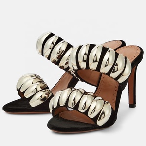 Sandales personnalisées en daim pour femme à double boucle métallique, talons hauts fins, mules à talons aiguilles pour robe - Product Image 2