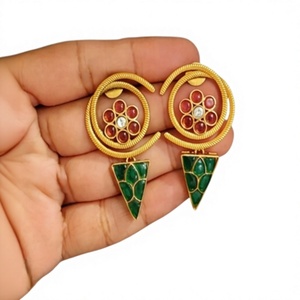 Stylish Gold Plated Geometric <b>Drop</b> <b>Earrings</b> With <b>Red</b> Zircon And Green Enamel For Women Party Wear Vintage Style - Product Image 2