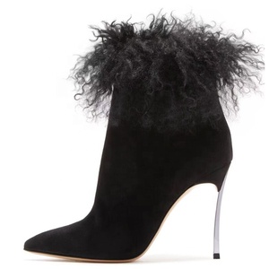 Bottines pour femmes en daim doux et fourrure, faites à la main, nouveau design, sur mesure, à talons hauts fins et bout pointu - Product Image 1