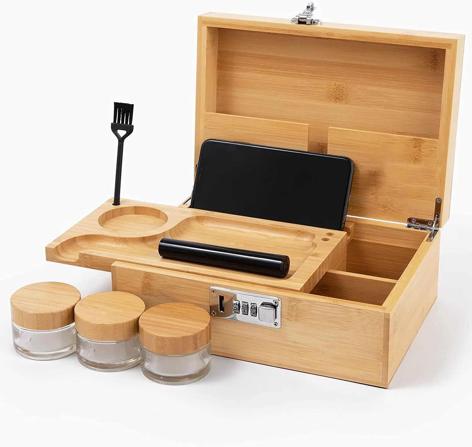 Wholesale Bamboo Wooden Hash Stash Organizer Box with Rolling Tray Smell Proof Storage Acacia Container Smoking Accessories
