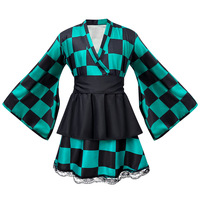 Disfraz de Kimono de Demon Slayer para Mujer Adulta, Vestido de Cosplay de Anime a Cuadros Verde y Rosa, 85% Tela