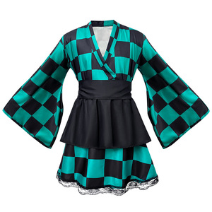 Disfraz de Kimono de Demon Slayer para Mujer, Vestido a Cuadros Verde y Rosa, Traje de Cosplay de Anime - Product Image 5