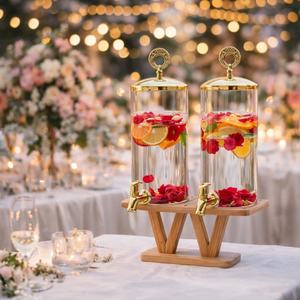 Set Dispenser Bevande Doppio in <span class=keywords><strong>Vetro</strong></span> <span class=keywords><strong>con</strong></span> Coperchi e Rubinetti Dorati, Supporto in Legno - Dispenser per Succhi e Bevande per Feste e Buffet (Vendita all'Ingrosso) - Product Image 3