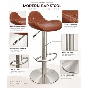 Modern Brown <b>Leather</b> Adjustable Height <b>Bar</b> <b>Stool</b> with Stainless Steel Base and Footrest - Product Image 3