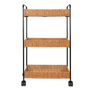 Chariot de rangement à 3 niveaux en rotin et fer, avec étagères en osier, pour articles divers du salon - Product Image 1