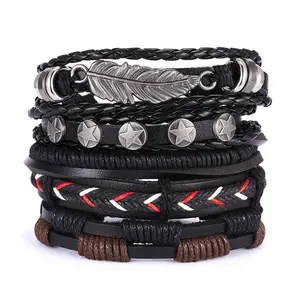 Bán buôn có thể điều chỉnh dệt quấn quấn bện thực leathertribal hạt gỗ dân tộc Vòng đeo tay cho nam giới