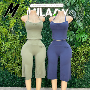 Milady Fashion Dames Backless <span class=keywords><strong>Cami</strong></span> 2-delige Set Wijde Pijpen Capri Broek Met Borstpad Aangepaste Logo Dames Casual Outfit - Product Image 4