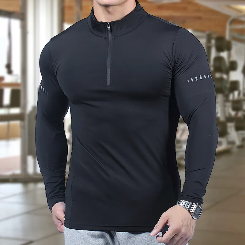 Jogging Fitness indossa magliette da ginnastica a maniche lunghe personalizzate ad asciugatura rapida abbigliamento da uomo 1/4 magliette a compressione con Zip a quarti