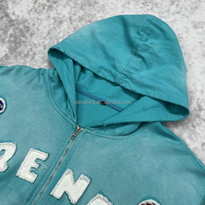 500Gsm Zipper Heavyweight Custom Y2k Applique Broderie Streetwear French Terry Acid Wash 100% Cotton Sun Faded Zip up Hoodie - Product Image 6