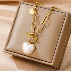 Gran oferta de acero inoxidable, collar con colgante de corazón de trébol de concha de perla en capas de oro de 18 quilates, collar de flores de cuatro hojas para mujer - Product Image 3