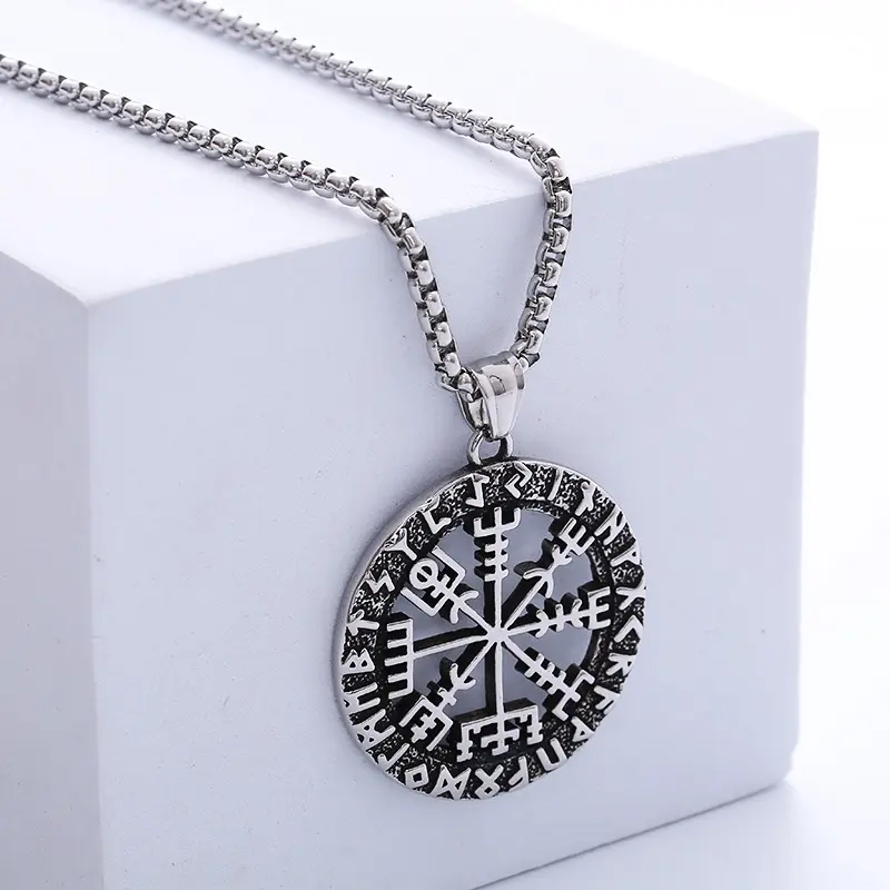 vintage stainless steel jewelry rune algiz compass viking necklace pendant