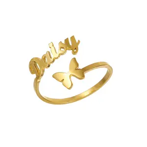 Luxury Girls Adjustable Stainless Steel 18K Gold Plated Gemstone Opening Heart Butterfly Finger Fashion Jewelry Rings For Women