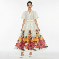 Robe décontractée personnalisée pour femme, style bohème, imprimé numérique rétro floral, coupe longue ajustée, col en V, manches bouffantes, grande jupe évasée