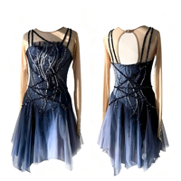 Costume de patinage artistique bleu foncé dégradé avec strass, double bretelle, sans manches, pour enfants et adultes, compétition et performance