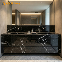Meuble-lavabo mural double vasque de luxe, moderne et avant-gardiste, en marbre Nero Marquina, pour salles de bain d'hôtels cinq étoiles et chambres exécutives
