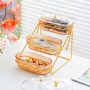 Bol à fruits ovale transparent en plastique avec couvercle, type sur pied, conteneur alimentaire à plusieurs niveaux pour la maison, le salon, la table basse - Product Image 3