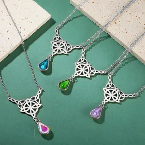 Vintage Irish Celtic Witch Knot Necklace Stainless Steel Crystal Water Drop Pendant Jewelry Women Valentine's Day Gifts