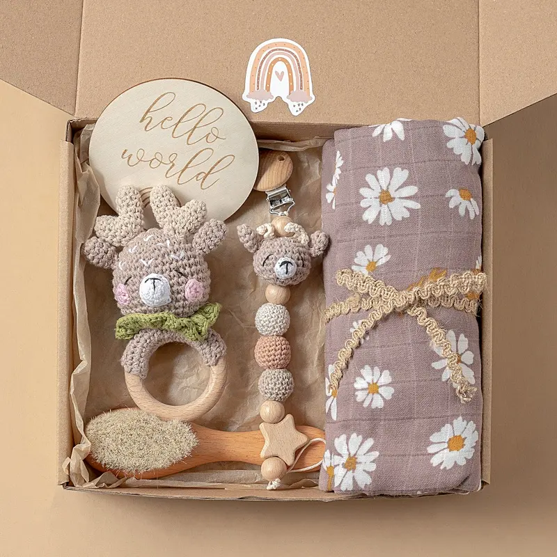 Pasgeboren Geschenkdoos Biologische Baby Cadeau Set Baby Mousseline Katoenen Deken Tandjes Baby Slabbetje Rammelaar Mijlpaal Houten Speelgoed Set