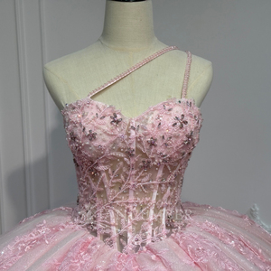XS301 Stylish One Shoulder Bow Pink <b>Ruffle</b> Quinceanera <b>Dresses</b> Beading Appliques Crystal Print Floor-Length Ball Gown Natural - Product Image 4