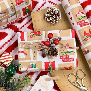 Kraft Christmas Wrapping <b>Paper</b> Roll 17 In X 33 Ft Santa Snowman Pattern Recyclable <b>Paper</b> Packaging - Product Image 5