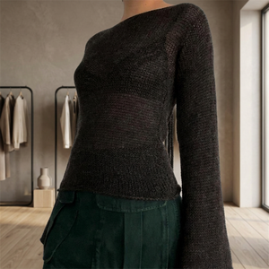 Y2K 2023 เสื้อแขนยาวผู้หญิงคอปาดสีดำโครเชต์แบบสวมลำลองไซส์ M - Product Image 2
