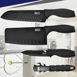 Ensemble de couteaux de cuisine en acier inoxydable noir haut de gamme 5 pièces avec anneau à frire les œufs en forme de cœur, poignées ambidextres, design durable - Product Image 5