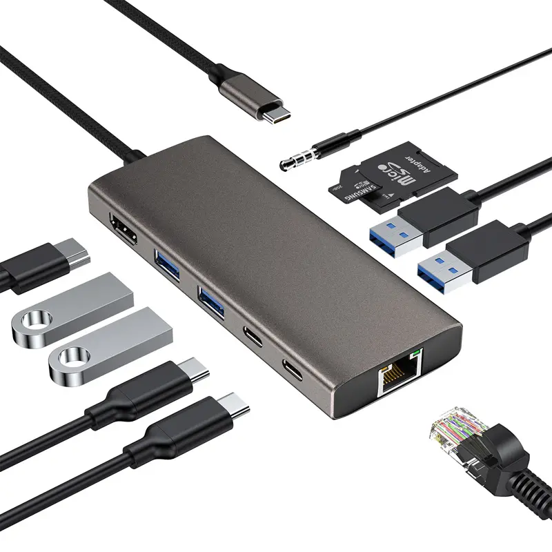 11 in 1 USB C için USB-C Splitter HDMII 4K 60Hz 1000Mbps Ethernet Lan RJ45 USB çoklu bağlantı noktası adaptörü ses Mic SD TF
