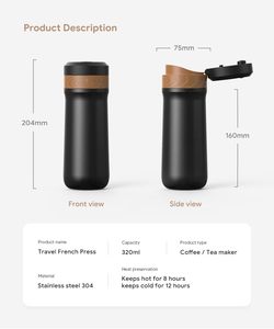 Personalized Gift 320ml Transparent Stainless Steel Vacuum Insulated Portable Camping Coffee French Press <b>Maker</b> 8-12 Hours - Product Image 2