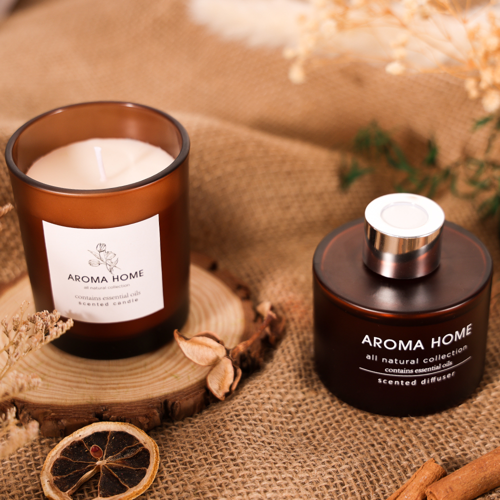 AROMA EV Sıcak satış Yağ Parfüm Cam Kavanoz Lüks Kahverengi Reed Difüzör Kokulu Mumlar Hediye Seti 4