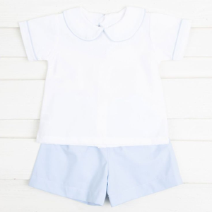 Piccolo ragazzo blu colletto bambola carino <span class=keywords><strong>per</strong></span> bambini ragazzi Set corto all'ingrosso Boutique cotone personalizzato vestito bambino - Product Image 3