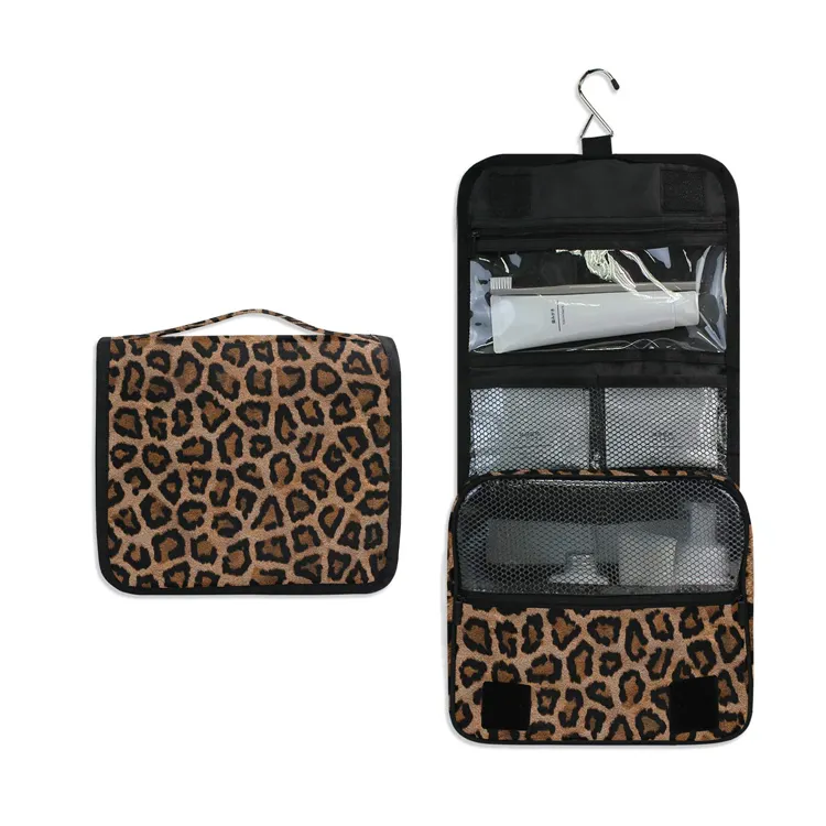 Bolsa de cosméticos de viaje colgante con diseño de leopardo de campo verde, estuche de maquillaje, organizador de cosméticos, neceser de flores