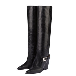 Big Size 46 Women Knee High Boots High Chunky Wedge Heels Shoes on Wide Fit Pointed Toe Metal Buckle <b>Long</b> Boots - Product Image 2